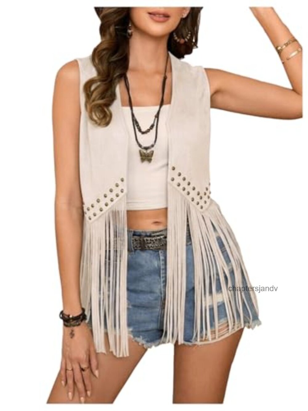 Faux Suede Fringe Vest Sleeveless Studded Western Concert Outfit